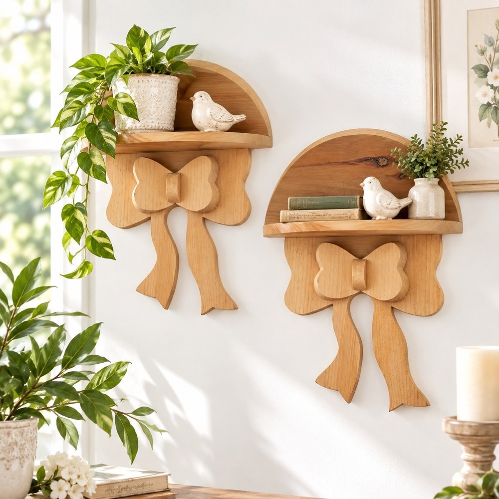 Handmade Wooden Bow Wall Shelves Set of 2 Vintage Rustic Cottage Decor